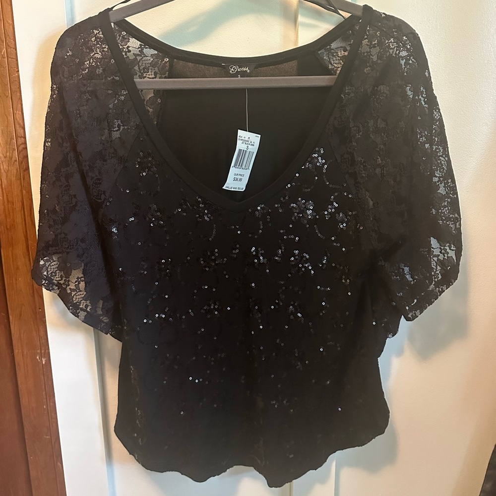 Black sequins crop top with lace sleeves